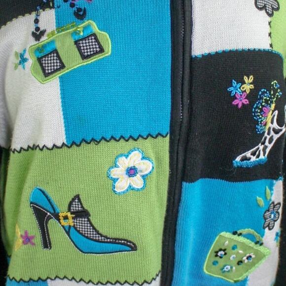Vintage Alfred Dunner Patchwork Cardigan Sweater Full Zip Shoes Purse - Picture 3 of 4
